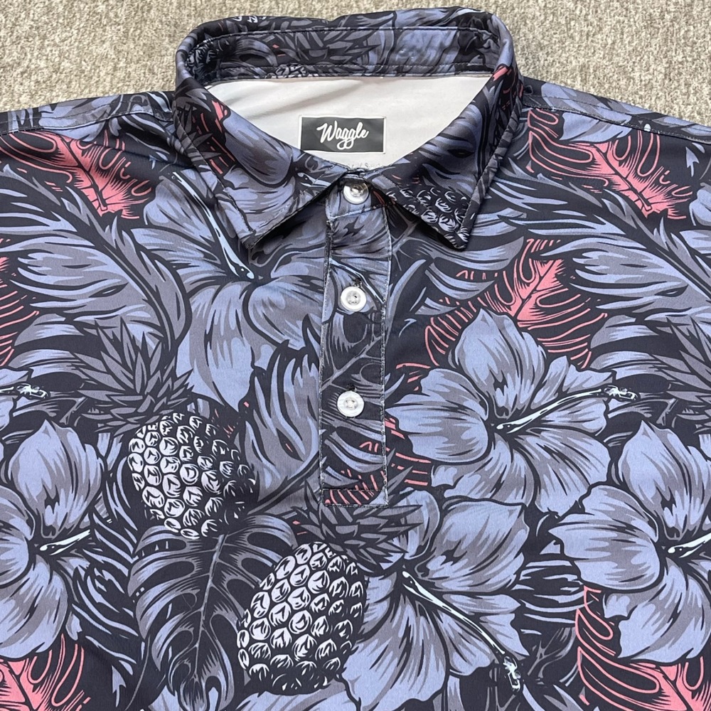 Waggle "Tropic Twilight"Mens Golf Polo Shirt Large Grey Floral Performance - Picture 3 of 9
